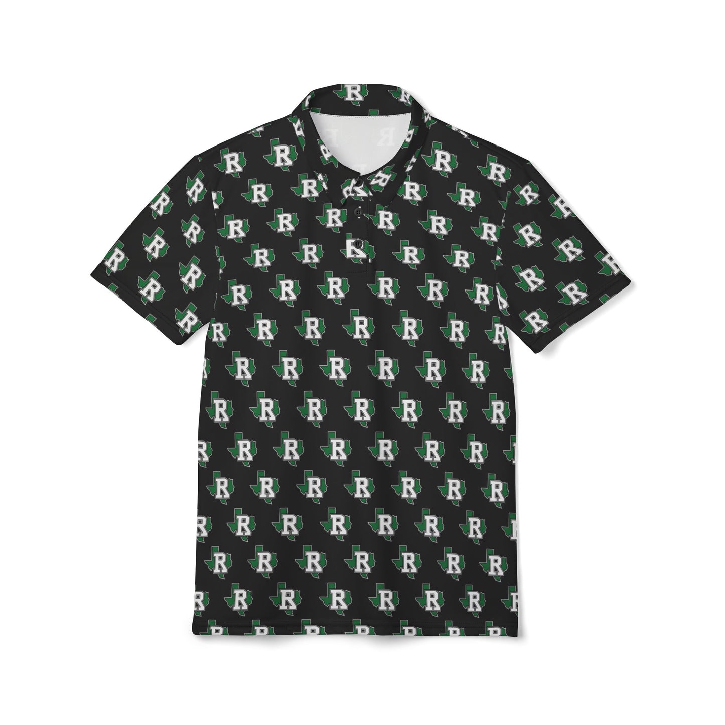 All-Over Print 'R' Logo Polo Shirt — Black Green Patterned Men's Golf Polo