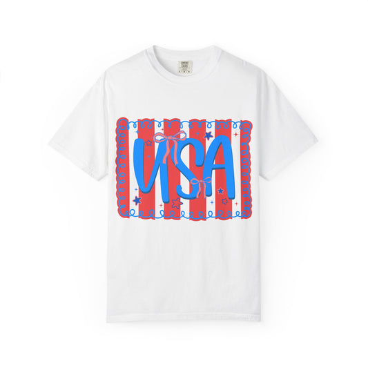 USA Patriotic T-Shirt — Red & Blue Striped Fourth of July Tee