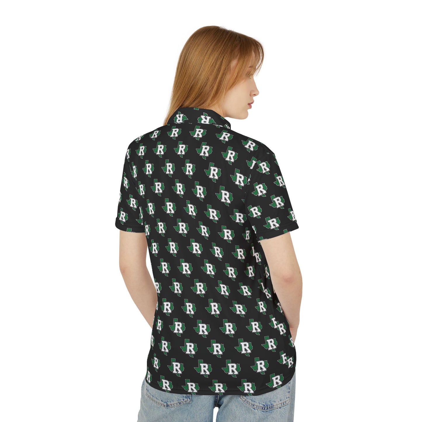 All-Over Print 'R' Logo Polo Shirt — Black Green Patterned Men's Golf Polo