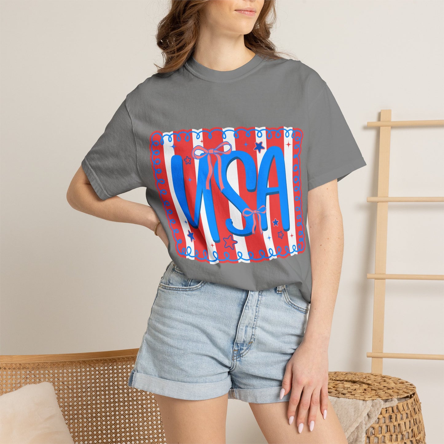 USA Patriotic T-Shirt — Red & Blue Striped Fourth of July Tee