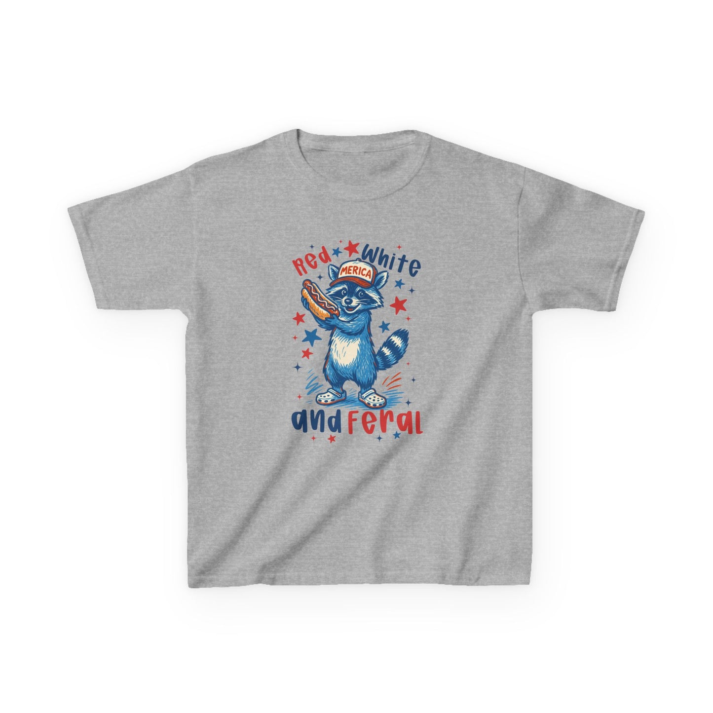 Kids Patriotic Raccoon Tee — “Red White and Feral” Fourth of July Shirt