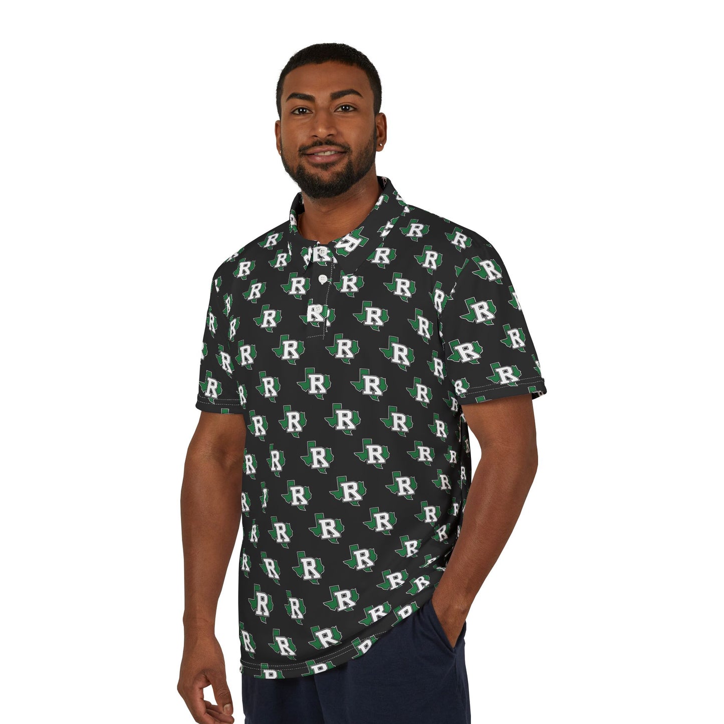 All-Over Print 'R' Logo Polo Shirt — Black Green Patterned Men's Golf Polo
