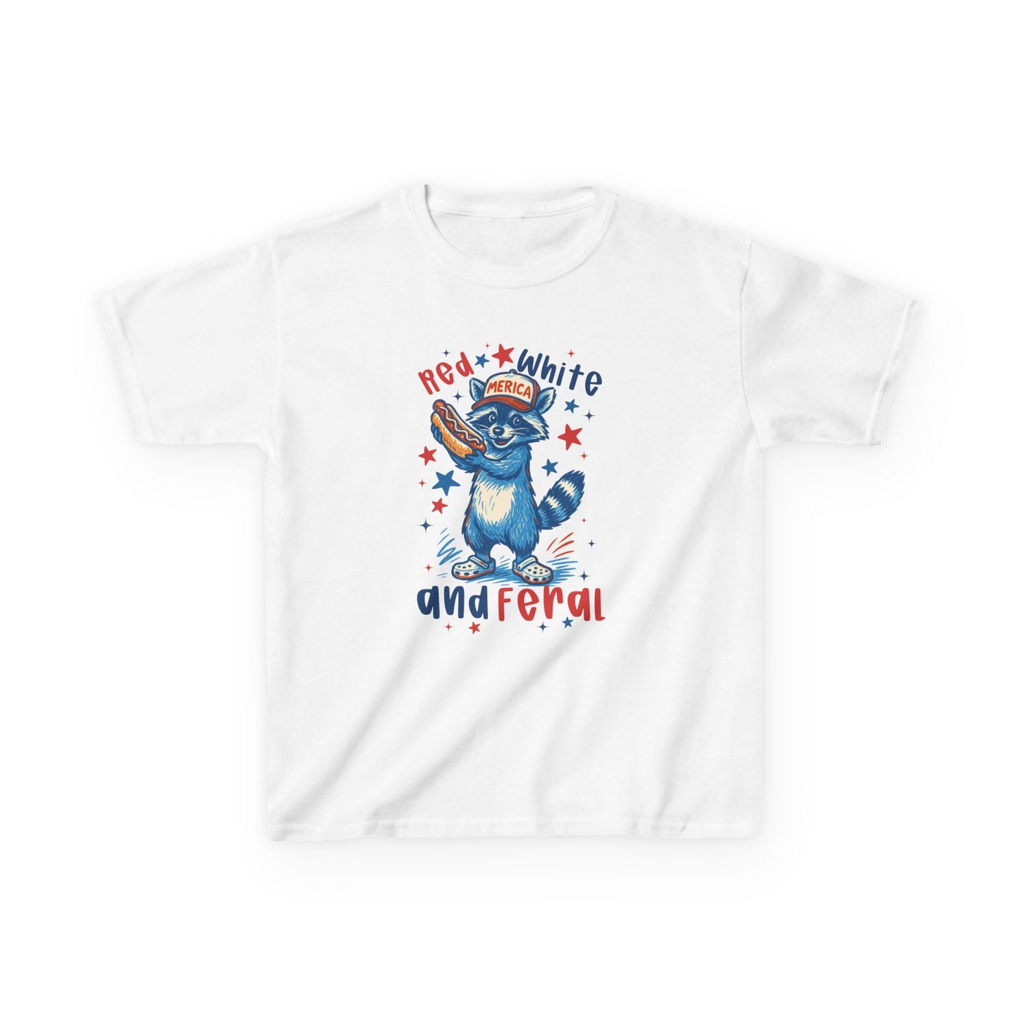 Kids Patriotic Raccoon Tee — “Red White and Feral” Fourth of July Shirt