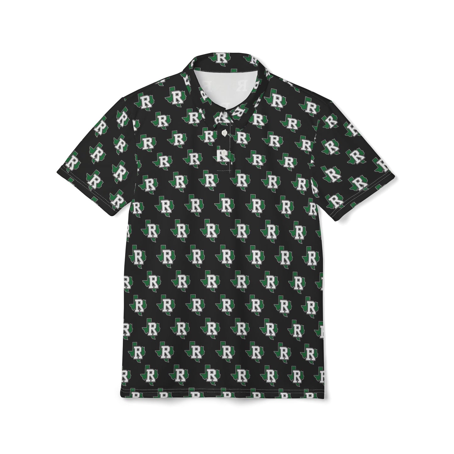 All-Over Print 'R' Logo Polo Shirt — Black Green Patterned Men's Golf Polo