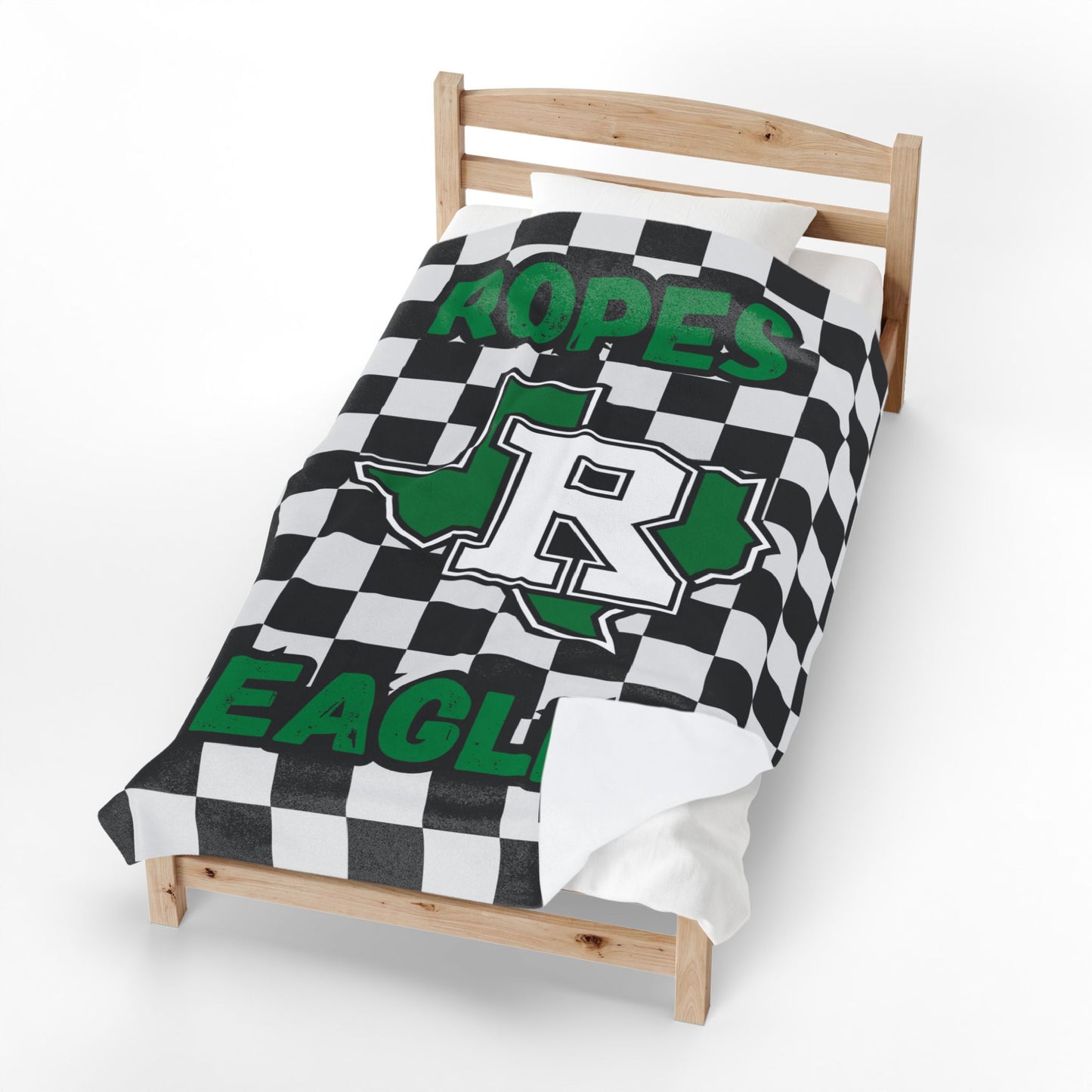 Ropes Eagles Velveteen Plush Blanket — Checkerboard School Logo with Name