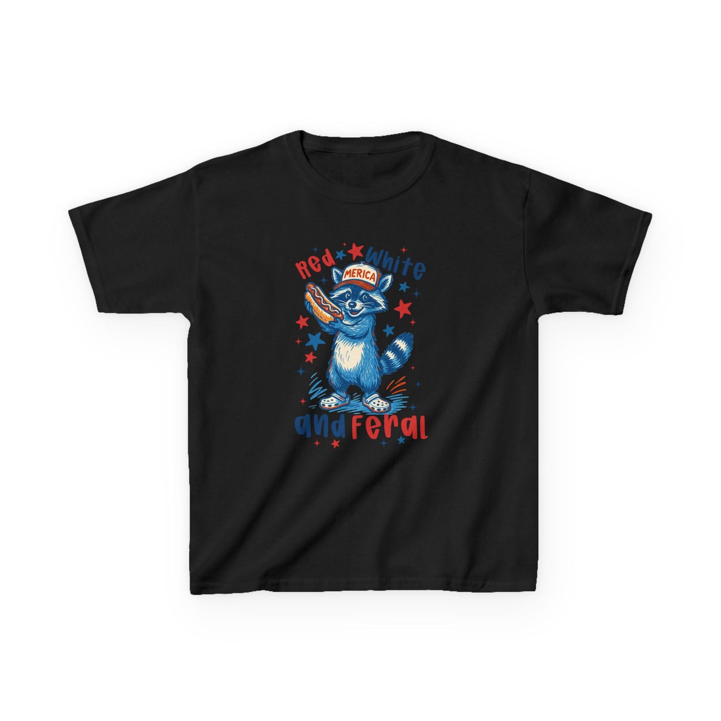 Kids Patriotic Raccoon Tee — “Red White and Feral” Fourth of July Shirt